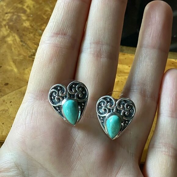 Natural Royston Turquoise Sterling Silver Heart Earrings - Picture 9 of 9